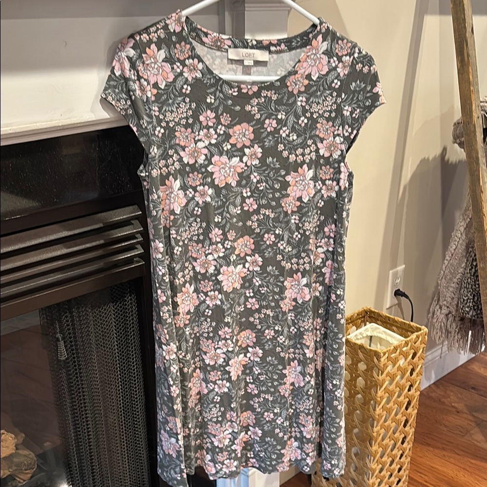 LOFT Women’s Floral Dress - Soft Olive and Pink
